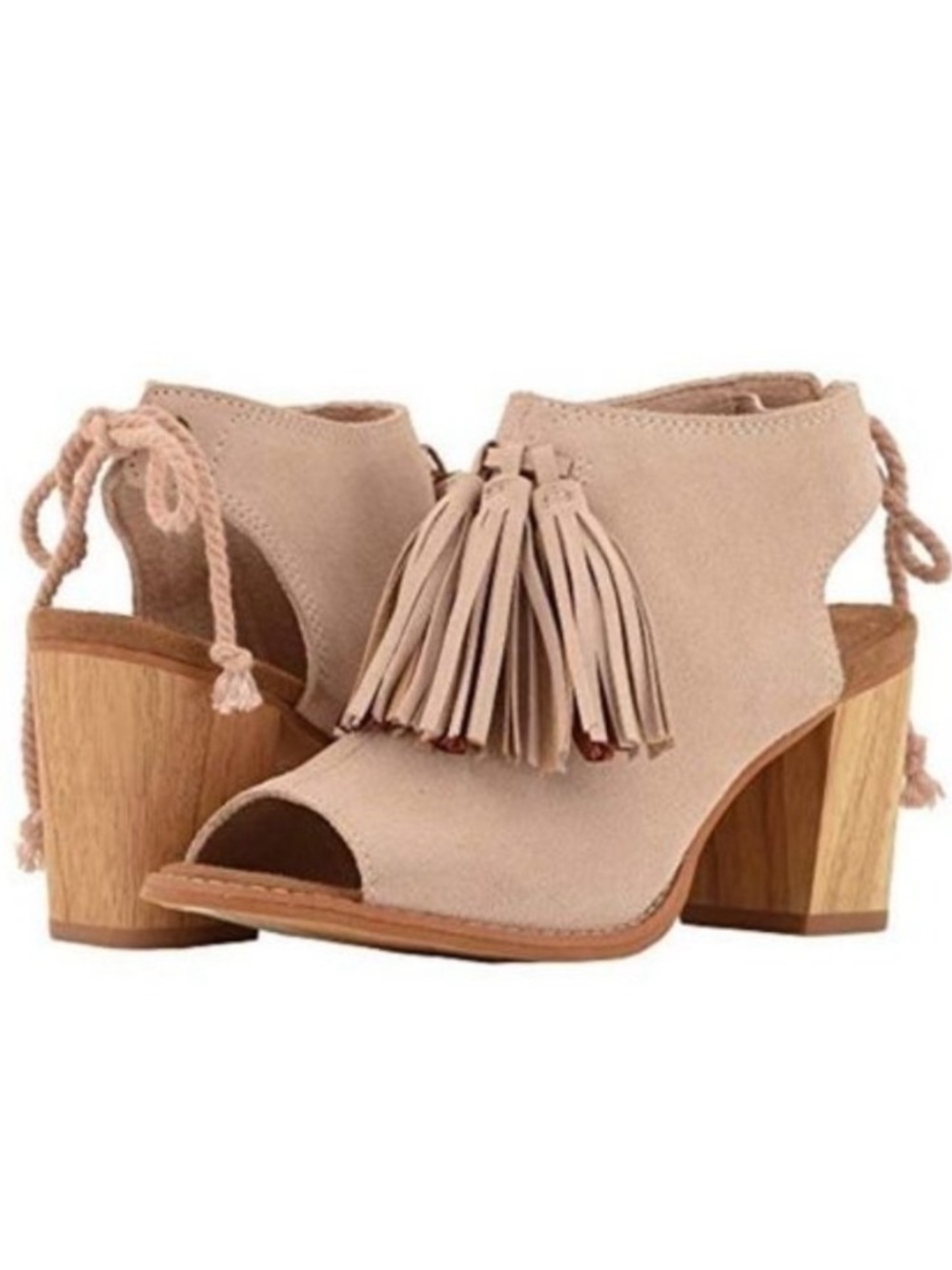 TOMS Elba Blush Suede Peep Toe Wood Block Heel  Womens 10